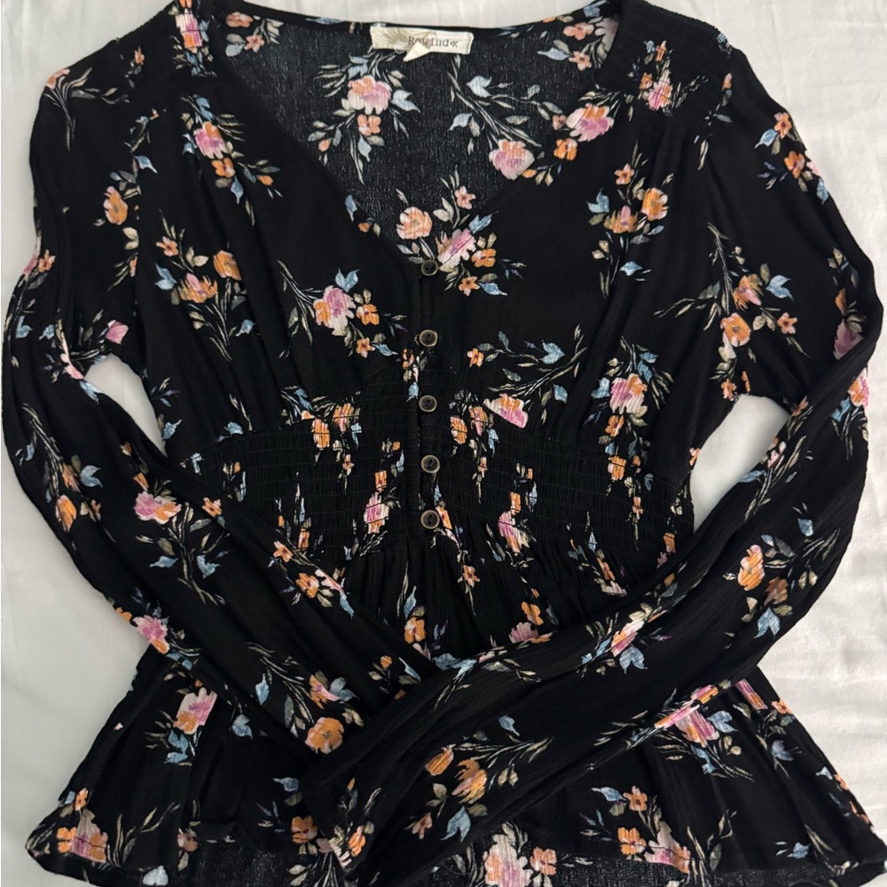 Rewind Black and Pink Long Sleeve Peplum Blouse
